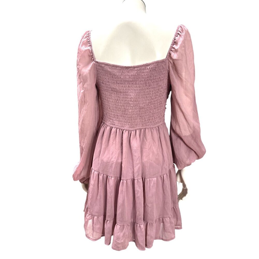 Windsor L Mauve Ruched Bust Smocked Back Puff Sleeve Tiered Mini Dress Party Y2K - Picture 4 of 10